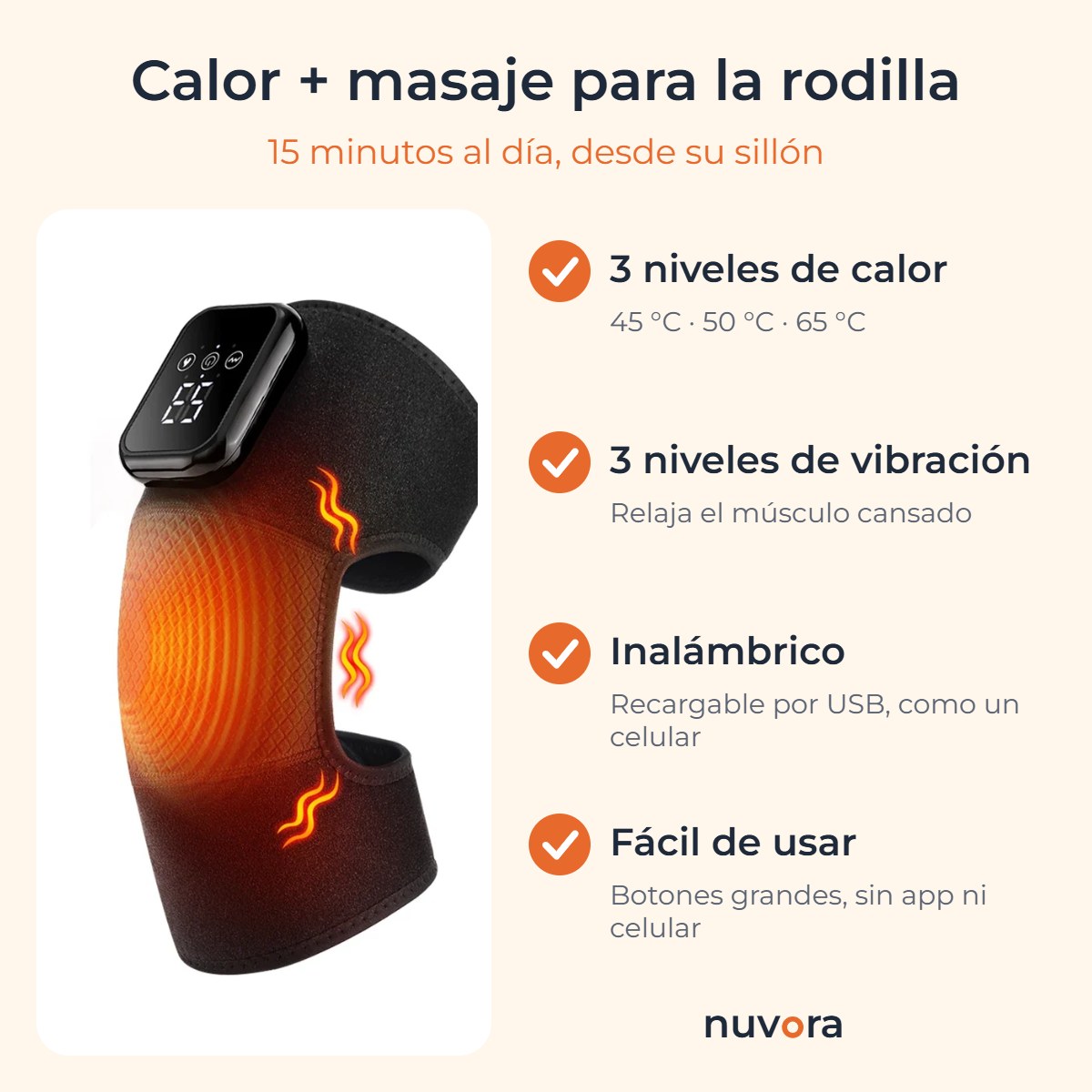 Calor y masaje para la rodilla: 3 niveles de calor, 3 de vibración, inalámbrico